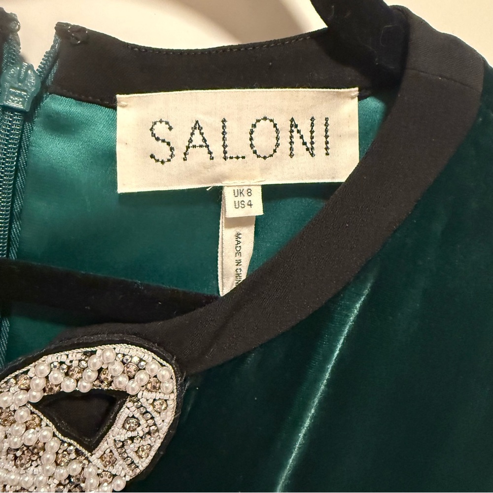 Saloni Camille Racing Green Velvet Dress 4 Jeweled Bows Midi Feminine Holiday - Picture 8 of 8